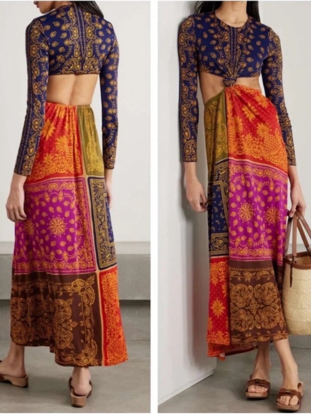NWT Farm Rio Dress Bandana Cut Out Maxi in Paisley Floral Blue Gold